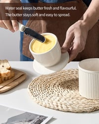 Keramická dóza na maslo Home Decor s poklopom, 250 g, prúžkovaná s reaktívnou glazúrou, maselnička s vodným chladením na kuchynskú linku – veľká, škvrnitá krémová farba 6