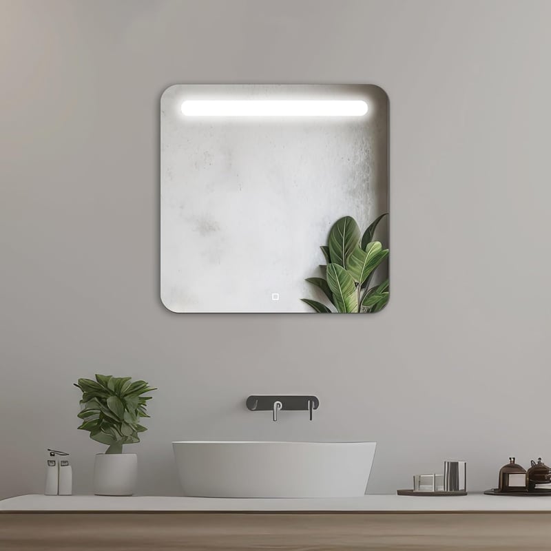 Home Glow Malmo 60x60 cm Fürdőszobai LED Tükör Érintőkapcsolóval - Négyzet Alakú, Homokfúvott Mintával, Energiatakarékos