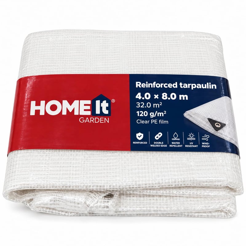 Home It Garden prozirna PE cerada 4x8 m, 120 g/m², vodootporna, otporna na UV zračenje, ojačana — cerada poderana na 2 mjesta (stanje: vidi drugu sliku)