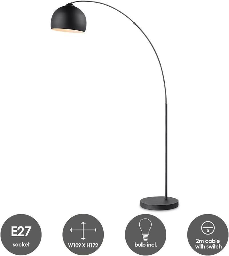 Home Sweet Home Collection ipari vintage ívlámpa fekete fém árnyékolóval, 172 cm, LED fényforrás