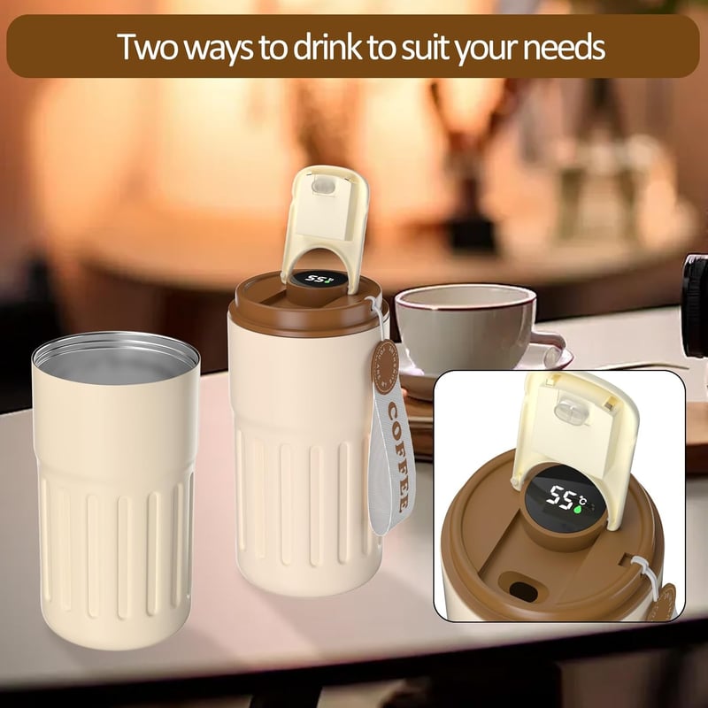 Homealexa 410ml Hőtartó Utazó Kávésbögre Digitális Kijelzővel Rozsdamentes Acél - 410 ml, A-coffee
