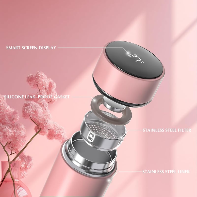 Termos cu vacuum Homealexa 500ml din oțel inoxidabil cu afișaj LED, roz