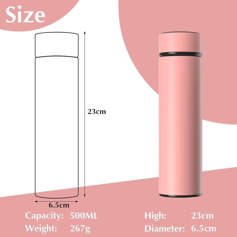 Termos cu vacuum Homealexa 500ml din oțel inoxidabil cu afișaj LED, roz