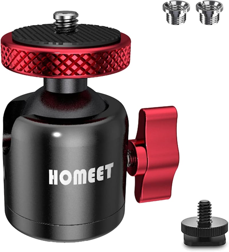 Homeet mini golyós állványfej 25 mm fém tripodhoz 10 kg terhelhetőséggel, 1/4 és 3/8 menet, hot shoe adapterrel