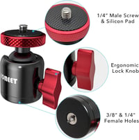 Homeet mini golyós állványfej 25 mm fém tripodhoz 10 kg terhelhetőséggel, 1/4 és 3/8 menet, hot shoe adapterrel 3