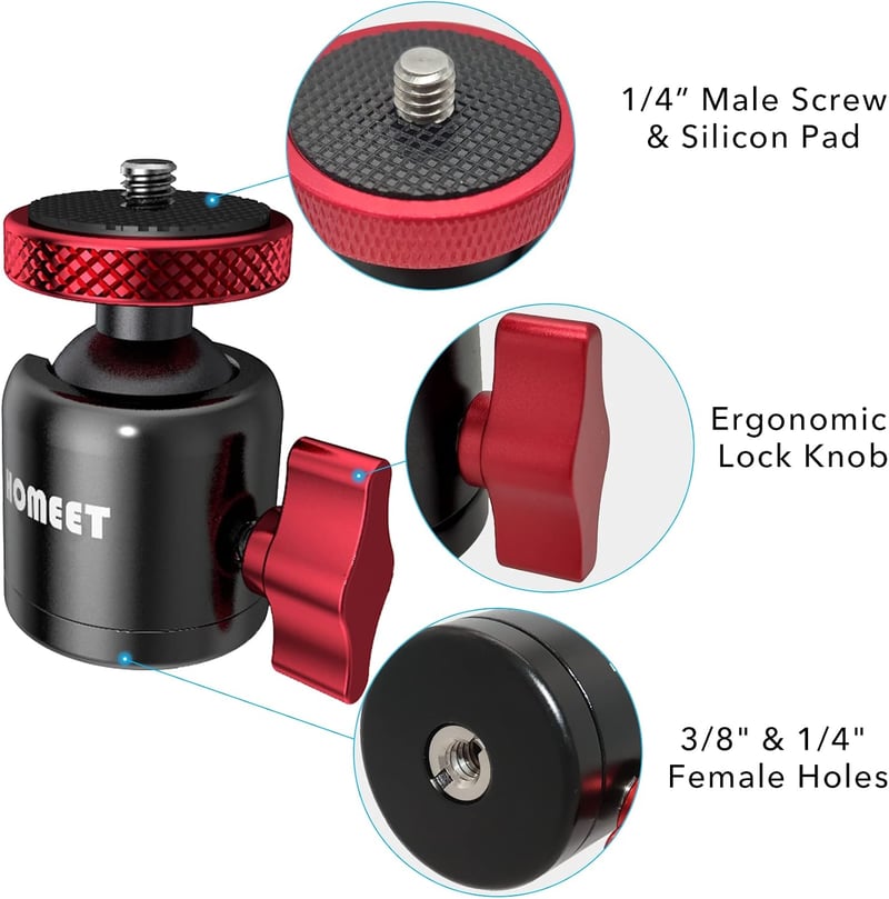 Homeet mini golyós állványfej 25 mm fém tripodhoz 10 kg terhelhetőséggel, 1/4 és 3/8 menet, hot shoe adapterrel