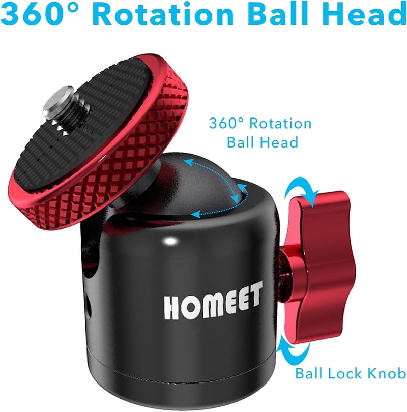 Homeet mini golyós állványfej 25 mm fém tripodhoz 10 kg terhelhetőséggel, 1/4 és 3/8 menet, hot shoe adapterrel