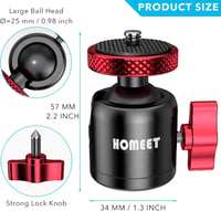 Homeet mini golyós állványfej 25 mm fém tripodhoz 10 kg terhelhetőséggel, 1/4 és 3/8 menet, hot shoe adapterrel 5