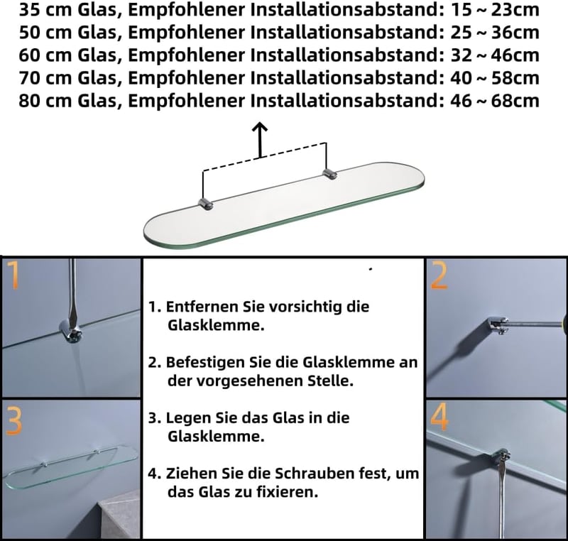 Raft de perete din sticlă securizată HomeHeng 8 mm, cu cleme de fixare cromate, transparent, 35 x 12 cm, pentru baie