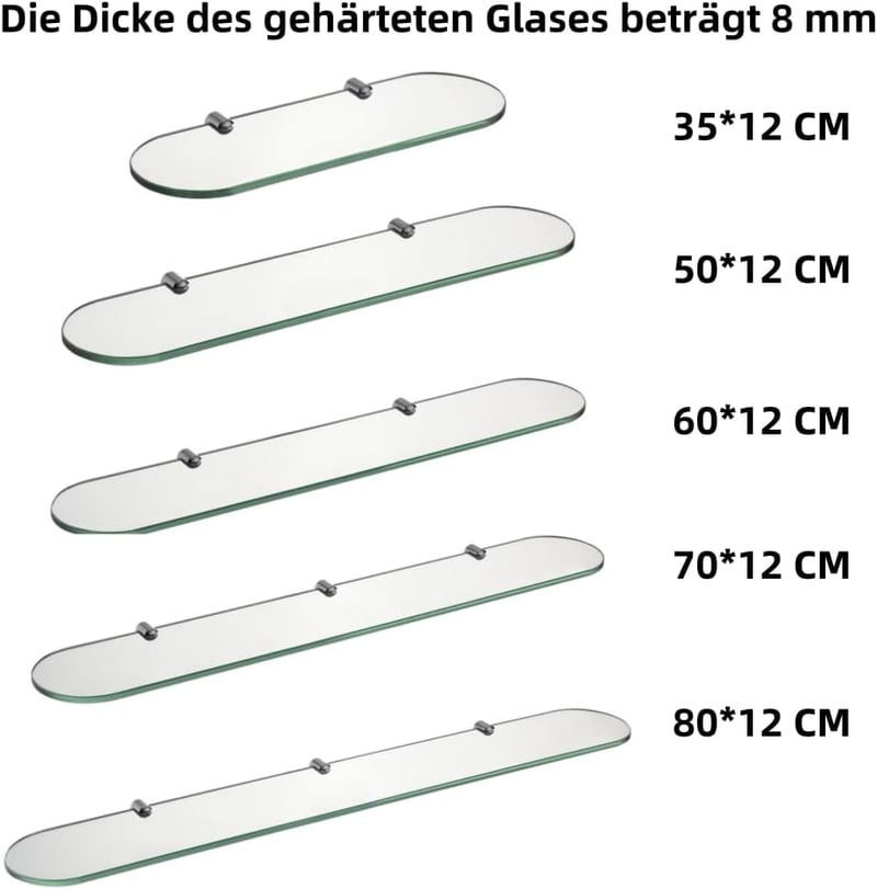 Raft de perete din sticlă securizată HomeHeng 8 mm, cu cleme de fixare cromate, transparent, 35 x 12 cm, pentru baie