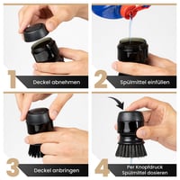 Perie de vase HomeKitchen cu dozator de săpun lichid și suport, negru, reîncărcabilă, perie de curățat rotundă pentru tigăi și oale 5