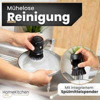 Perie de vase HomeKitchen cu dozator de săpun lichid și suport, negru, reîncărcabilă, perie de curățat rotundă pentru tigăi și oale 6