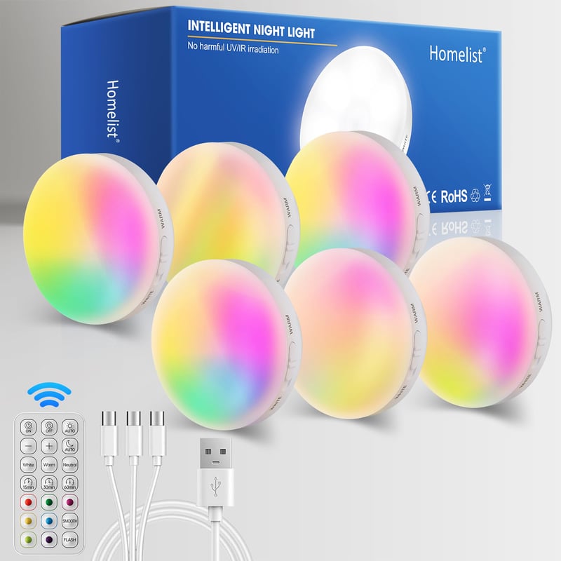 Homelist NL4 LED osvetlenie vitrín s diaľkovým ovládaním, 6 ks RGB nočných svetiel so snímačom pohybu, nabíjateľné bezdrôtové schodiskové osvetlenie