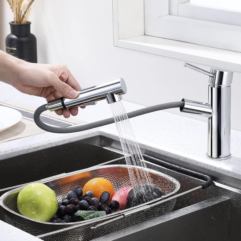 HOMELODY Kihúzható Konyhai Csaptelep - Króm Bevonatú Sárgaréz, 120° Elforgatható, 2 Vízsugár Típus, Mosogatóhoz