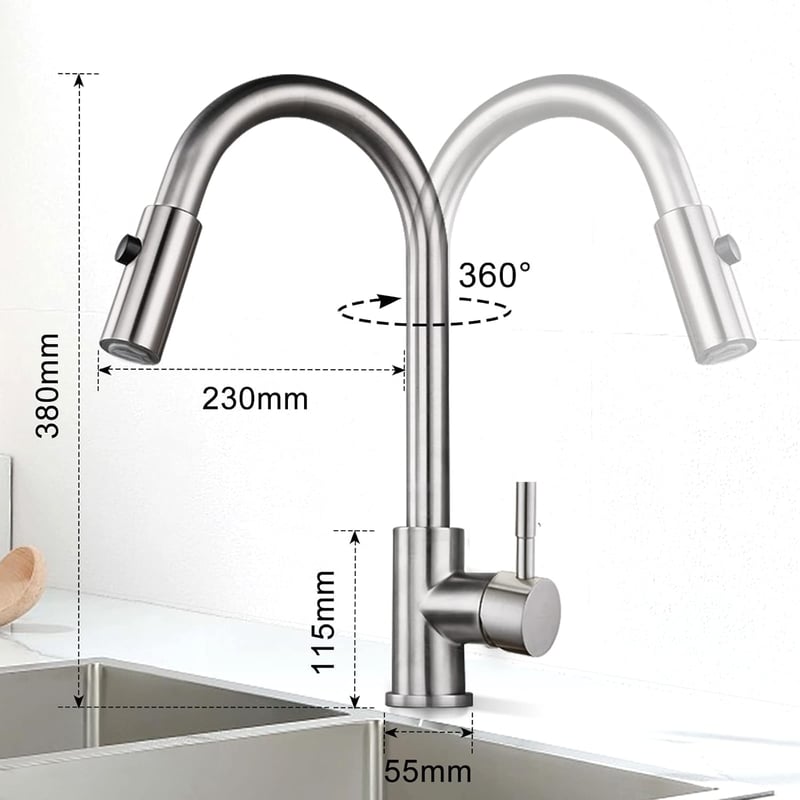 HOMELODY Konyhai Csaptelep 360° Forgatható Zuhanyfejjel, Kétfunkciós Spray, Rozsdamentes Acél