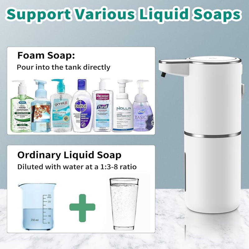 HOMELYLIFE 380ml Automata Szappan Adagoló - Újratölthető Érintésmentes Habszappan Adagoló, 4 Fokozatú, IR Szenzoros, Falra Szerelhető, Vízál