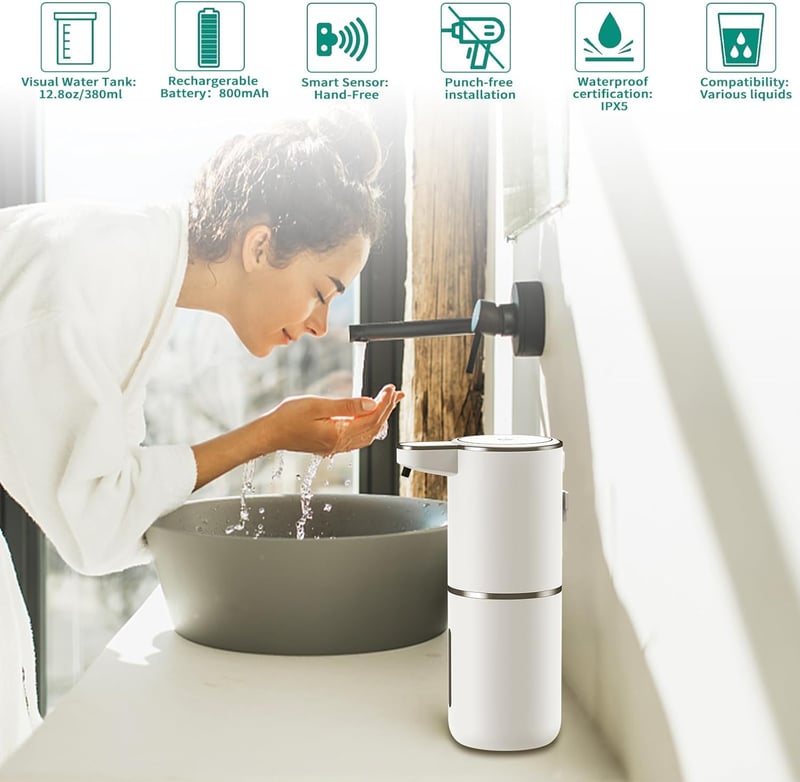 HOMELYLIFE 380ml Automata Szappan Adagoló - Újratölthető Érintésmentes Habszappan Adagoló, 4 Fokozatú, IR Szenzoros, Falra Szerelhető, Vízál