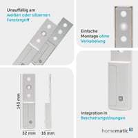 Senzor na kľučku okna Homematic IP 142800A0 s bielym a strieborným krytom, digitálny senzor, inteligentné monitorovanie okien, energeticky úsporné vykurovanie, ovládanie cez aplikáciu 3