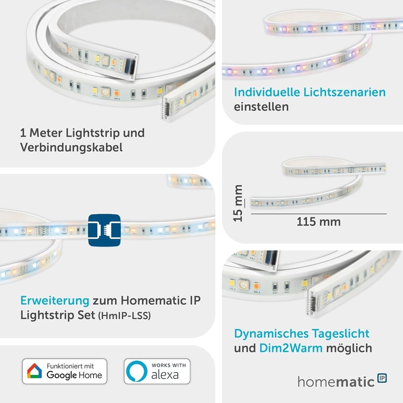 Homematic IP okos LED szalag 1m, app vezérlés, Google Assistant és Alexa kompatibilis