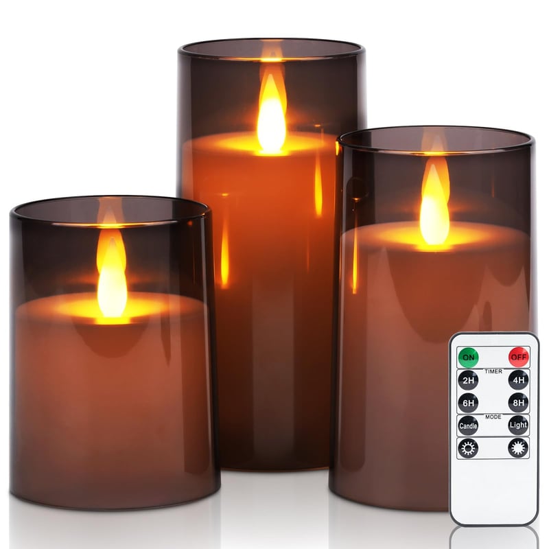 Set 3 Lumânări LED Flameless Gri Homemory cu Efect de Pâlpâire - Temporizator 2/4/6/8 Ore, Lumânări Electrice