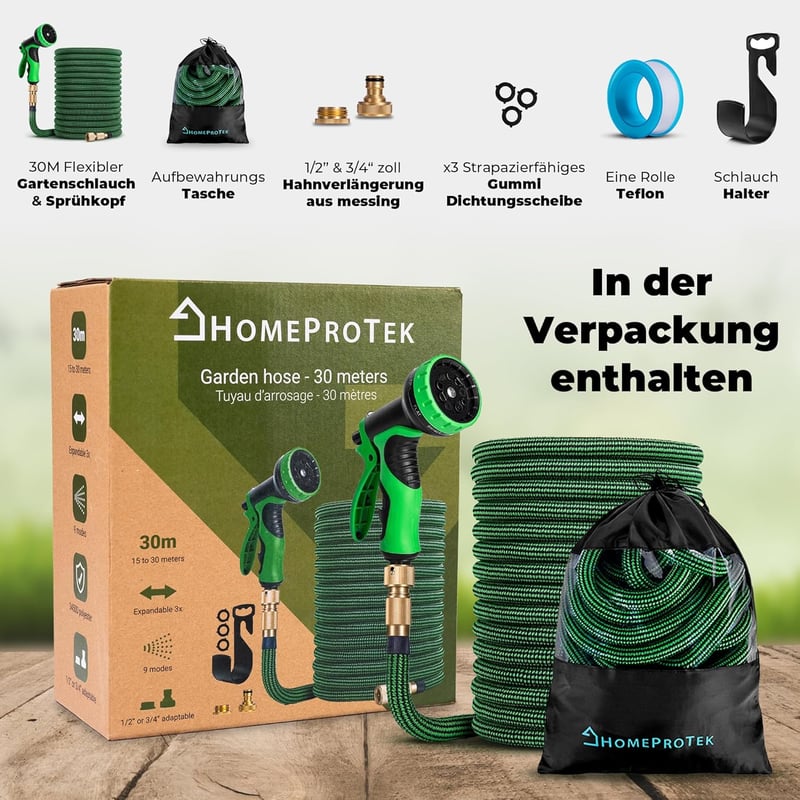 HOMEPROTEK 30m Rugalmas Locsolócső Sárgaréz Csatlakozóval Kerthez Balkonhoz