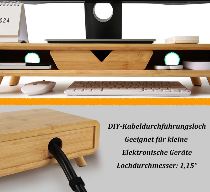 Homerays bambusz monitor állvány fiókkal, összeszerelés nélkül, asztali képernyő emelő - Classic style