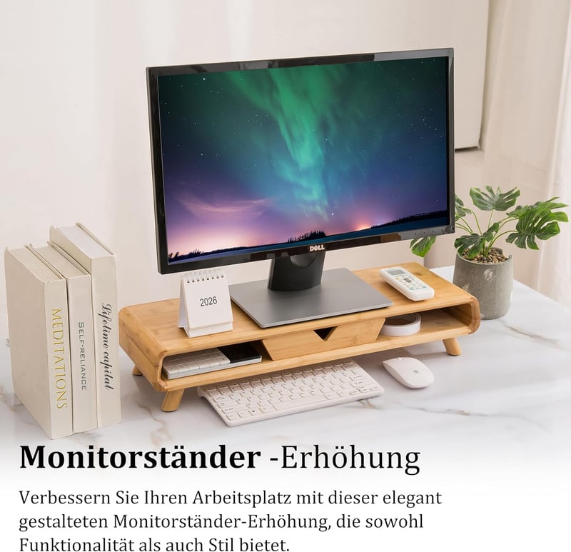 Homerays bambusz monitor állvány fiókkal, összeszerelés nélkül, asztali képernyő emelő - Classic style
