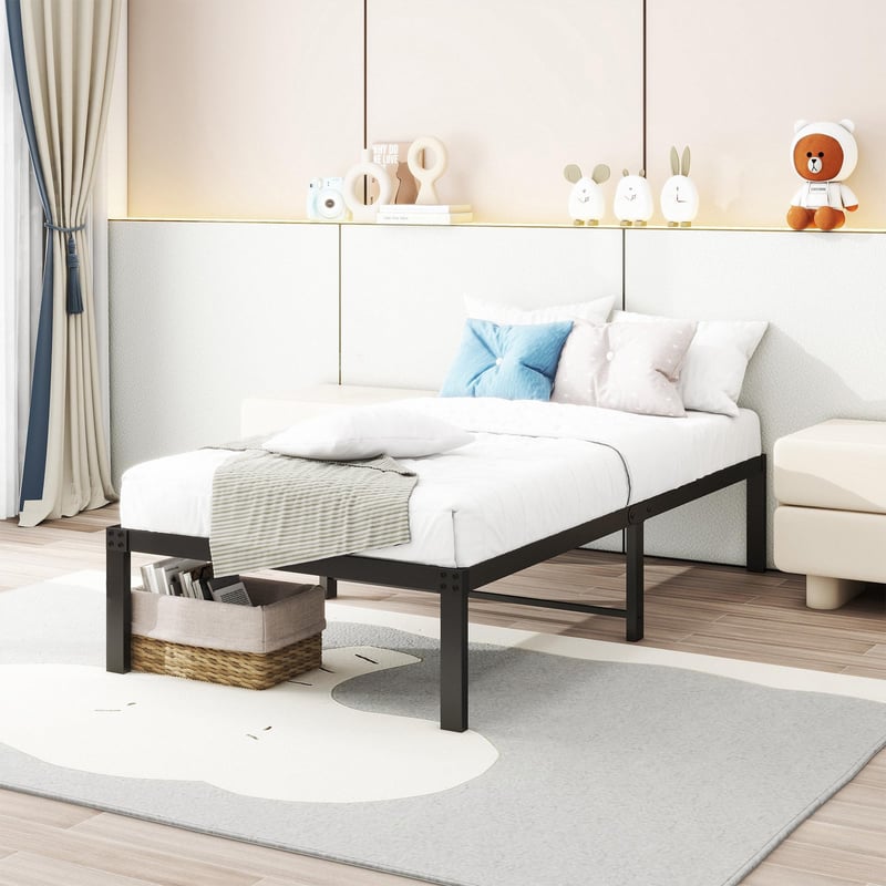 Cadru de pat metalic HOMERECOMMEND 90x200 cm, Negru - Somieră cu lamele metalice, Spațiu mare de depozitare, Ușor de asamblat