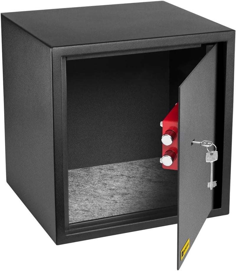 HomeSafe HV38K Bútorszéf Kulcsos Zárral - 38x35x35 cm Acél Páncélszekrény Pénz, Ékszer és Dokumentum Tárolásához, Falra és Padlóra Rögzíthet
