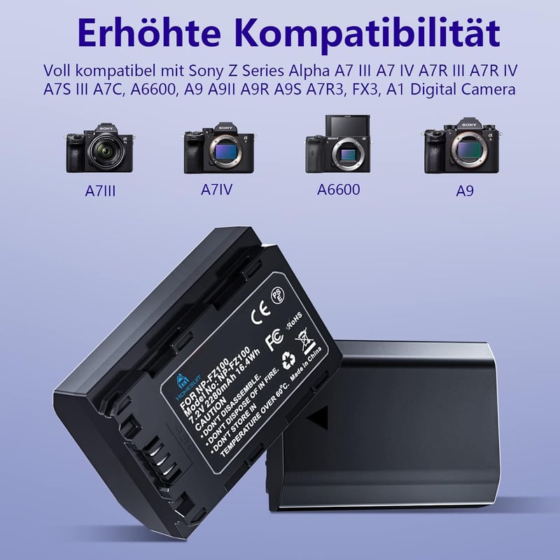 Homesuit NP-FZ100 Akkumulátor Csomag (2db) és Dupla Töltő Sony ZV-E1 FX3 A7RIII A7RV A7IV A7C A6600 A6700 Alpha A1 A9 Fényképezőgépekhez 228