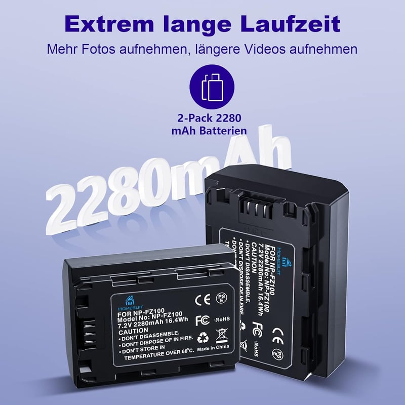 Homesuit NP-FZ100 Akkumulátor Csomag (2db) és Dupla Töltő Sony ZV-E1 FX3 A7RIII A7RV A7IV A7C A6600 A6700 Alpha A1 A9 Fényképezőgépekhez 228