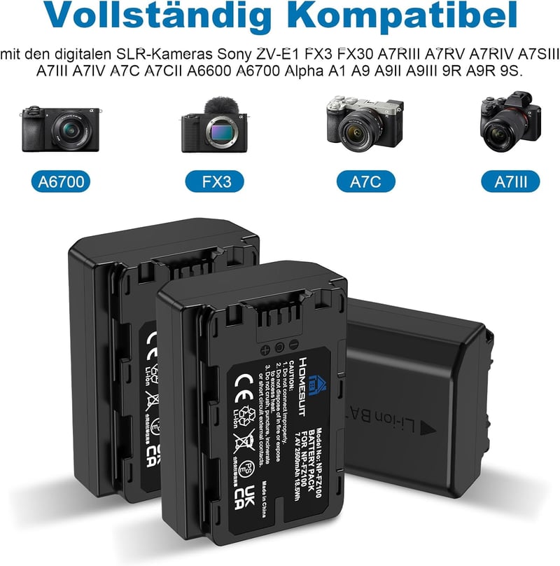 Homesuit NP-FZ100 Akkumulátor Szett 2500 mAh 3 db + LCD Töltő Sony ZV-E1 FX3 A7R III IV V A7S III A7 III IV C A6600 A6700 Alpha A1 A9 Kamerá