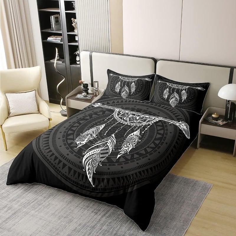 Homewish 100% pamut álomfogó ágyneműhuzat garnitúra 200x200 Boho mandala fekete-fehér 2 párnahuzattal