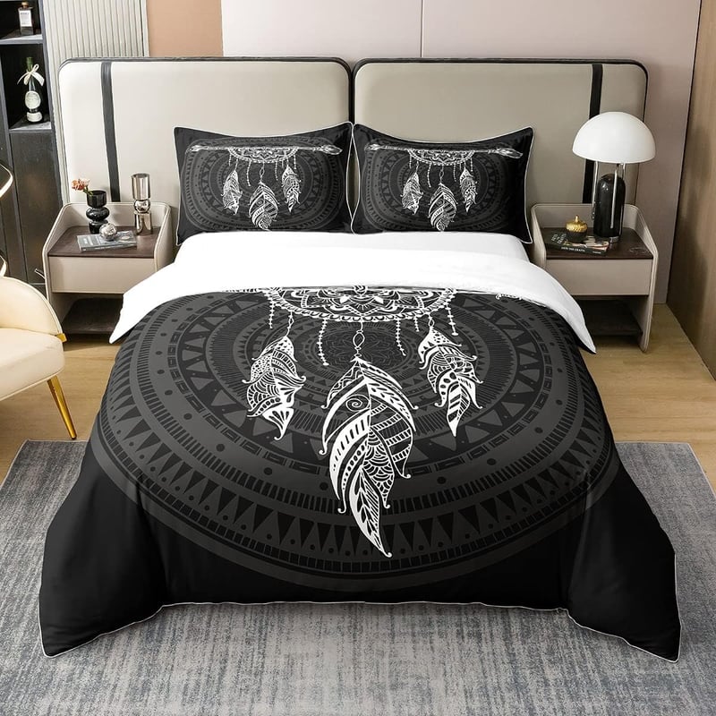 Homewish 100% pamut álomfogó ágyneműhuzat garnitúra 200x200 Boho mandala fekete-fehér 2 párnahuzattal