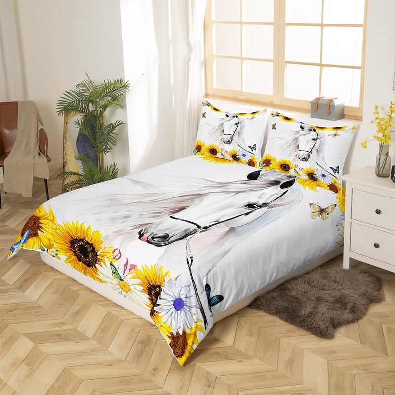 Homewish 200x200 cm Fehér Ló Napraforgó Sárga Ágynemű Gyerekeknek Pillangó Vidéki