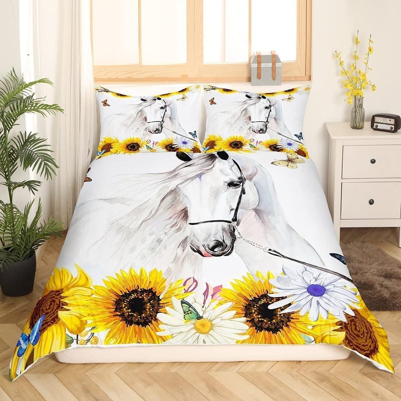 Homewish 200x200 cm Fehér Ló Napraforgó Sárga Ágynemű Gyerekeknek Pillangó Vidéki