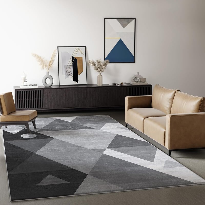 HOMFINE Modern geometrikus szőnyeg szürke 200 x 300 cm 10 mm vastag, mosható rövid szál, csúszásgátló aljjal nappaliba