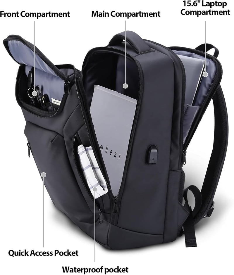 HOMIEE 15,6 Hüvelykes Laptop Hátizsák Férfiaknak - Vízálló Utazótáska USB Töltőporttal, Városi Használatra, Repülőgépen Kézipoggyászként