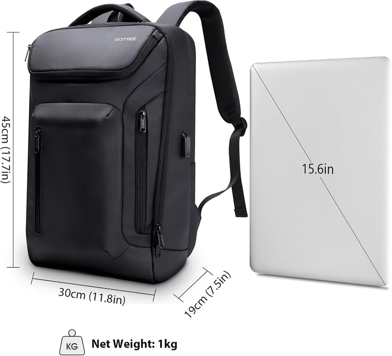 HOMIEE 15,6 Hüvelykes Laptop Hátizsák Férfiaknak - Vízálló Utazótáska USB Töltőporttal, Városi Használatra, Repülőgépen Kézipoggyászként