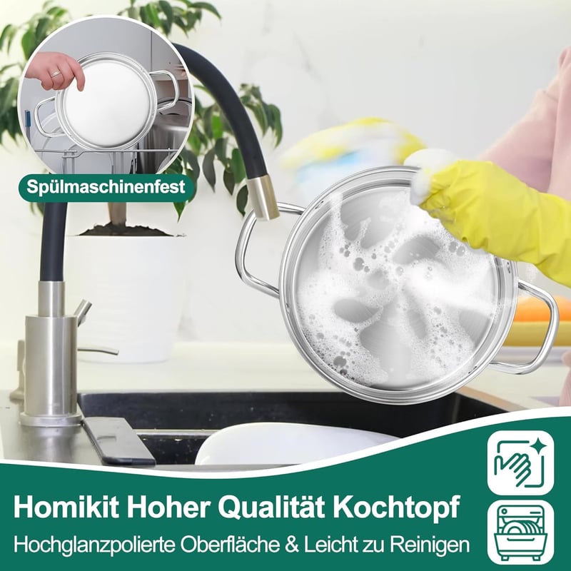 Homikit 22 cm rozsdamentes acél főzőedény 4,7 L indukciós serpenyő üvegfedővel