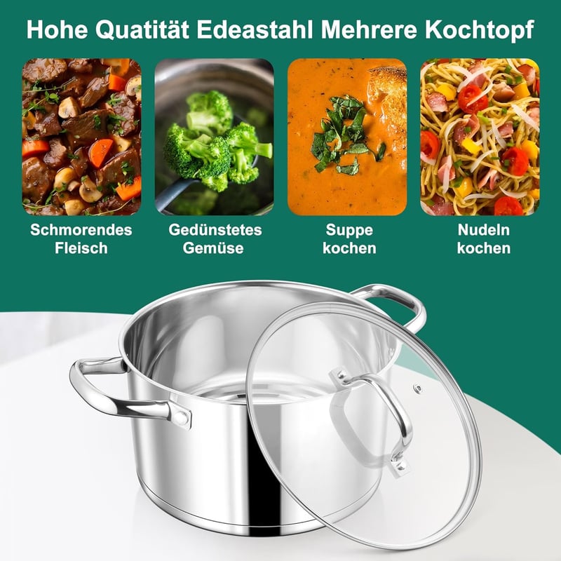 Homikit 22 cm rozsdamentes acél főzőedény 4,7 L indukciós serpenyő üvegfedővel
