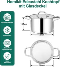 Homikit 22 cm rozsdamentes acél főzőedény 4,7 L indukciós serpenyő üvegfedővel 2