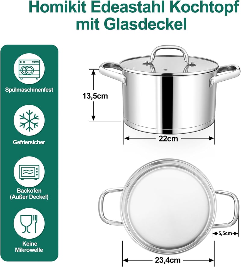 Homikit 22 cm rozsdamentes acél főzőedény 4,7 L indukciós serpenyő üvegfedővel