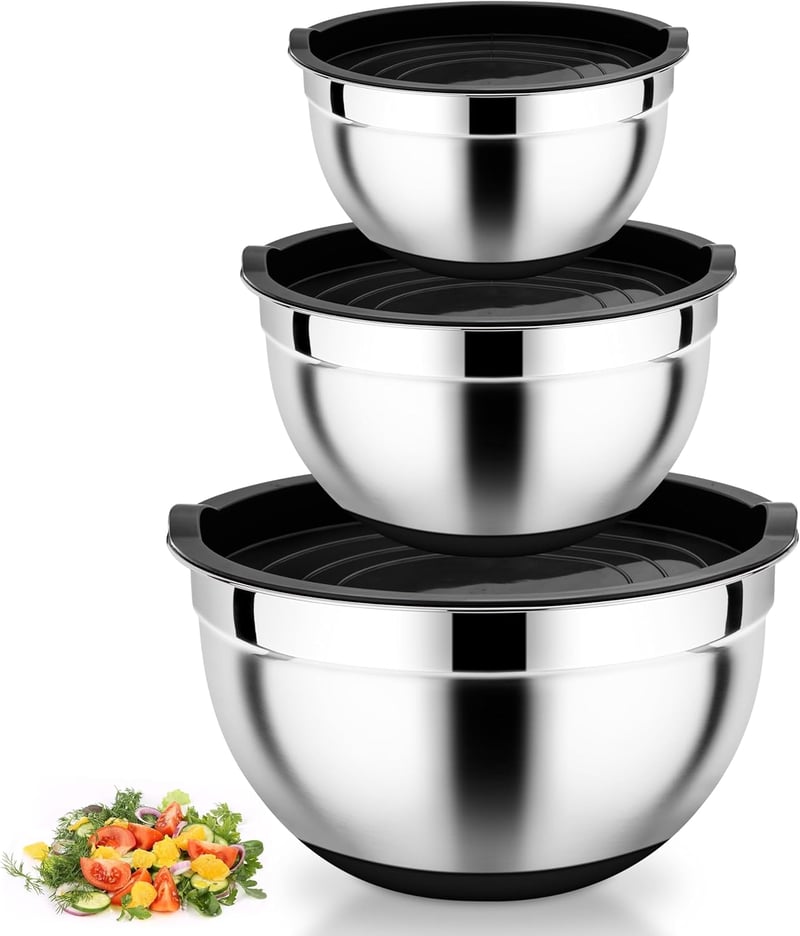 Homikit 3 részes rozsdamentes keverőtál szilikon alappal és fedővel