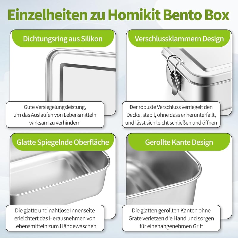 Homikit rozsdamentes acél ebéddoboz 1400ml 2 rekeszes szivárvásmentes