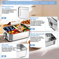 Nerezový obedový box Homikit s priehradkami, 2 ks, 850 ml, nepriepustný Bento box s tesniacim krúžkom, do školy, kancelárie, na piknik, M 3