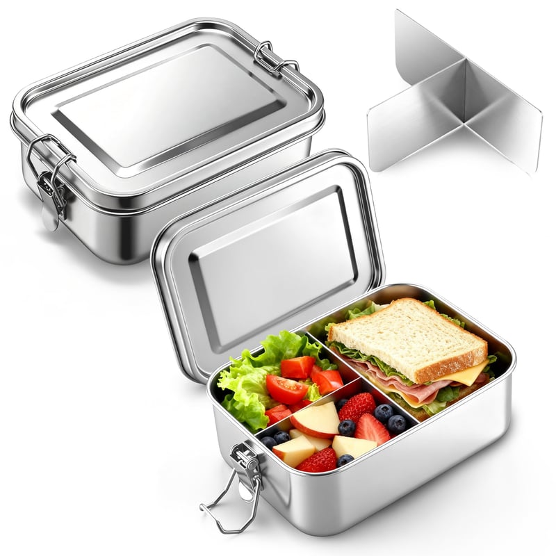 Nerezový obedový box Homikit s priehradkami, 2 ks, 850 ml, nepriepustný Bento box s tesniacim krúžkom, do školy, kancelárie, na piknik, M