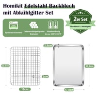 Plech na pečenie s chladiacou mriežkou Homikit, 23,6x17,8x2,5 cm, antikorový mini plech a mriežka na pečenie, vhodný do umývačky riadu 2