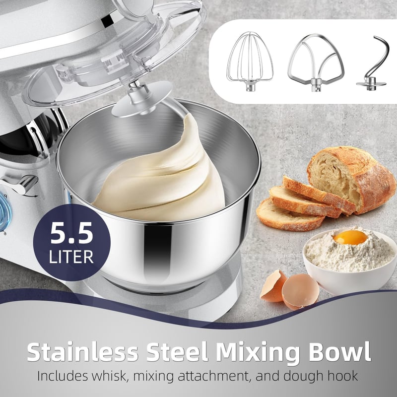 Homlee 3 az 1-ben Univerzális Konyhai Robotgép 1800W - 6 Sebességes Dagasztógép, Húsdarálóval, 1,5L Turmixgéppel és 5,5L Rozsdamentes Acél 