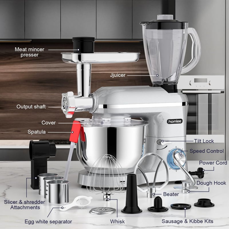 Homlee 3 az 1-ben Univerzális Konyhai Robotgép 1800W - 6 Sebességes Dagasztógép, Húsdarálóval, 1,5L Turmixgéppel és 5,5L Rozsdamentes Acél 